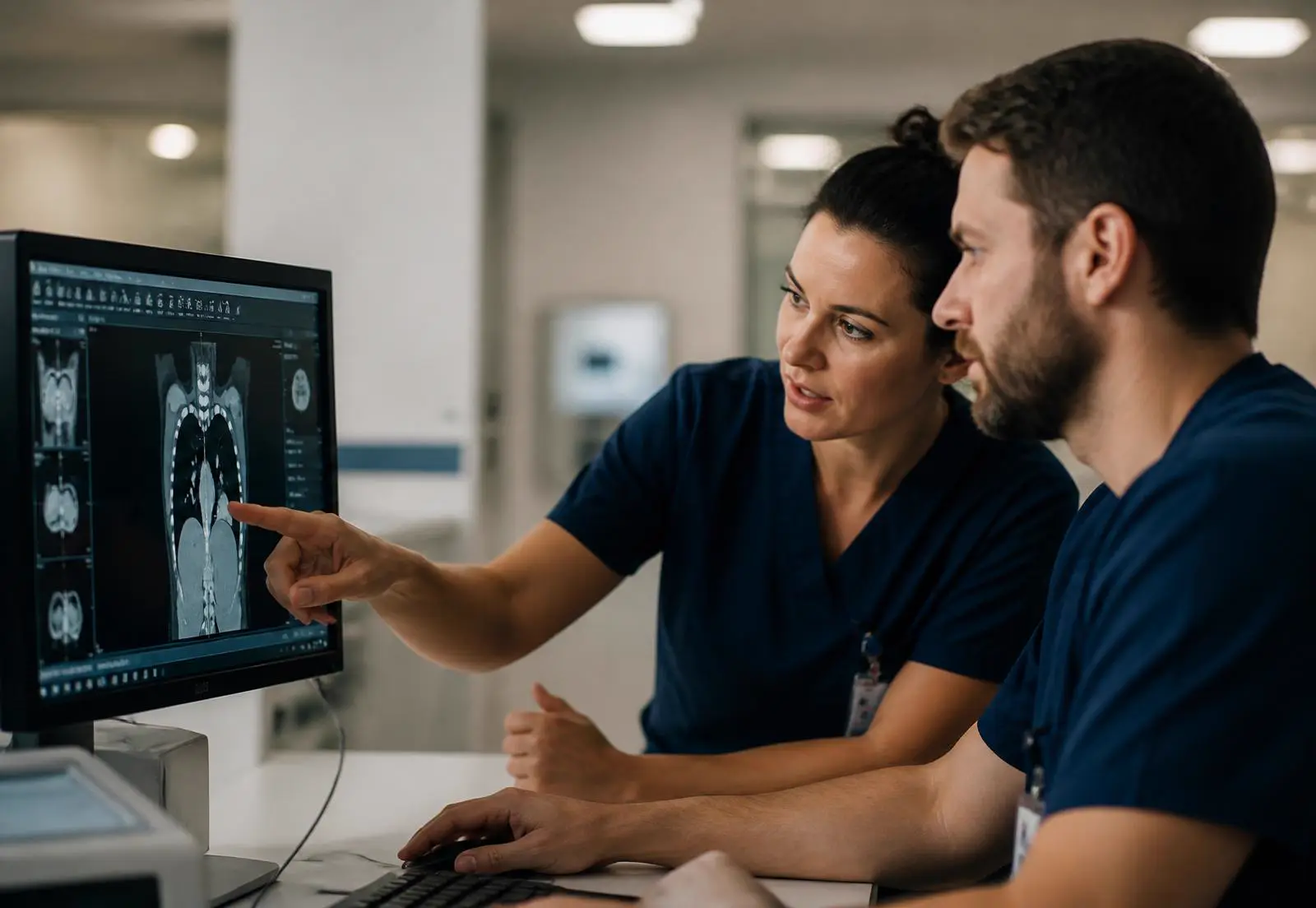 Imaging experts reviewing patient scans on a clinical workstation